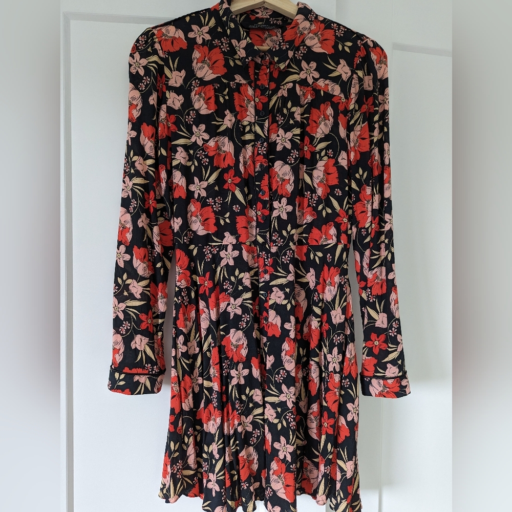 Zara Red And Black Floral Dress With Sleeves